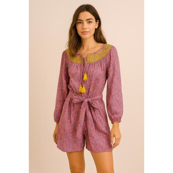 J.Crew Nicola Embroidered Pink Long Sleeve Cotton Tassel Romper AP193 Size 4 - Picture 1 of 13